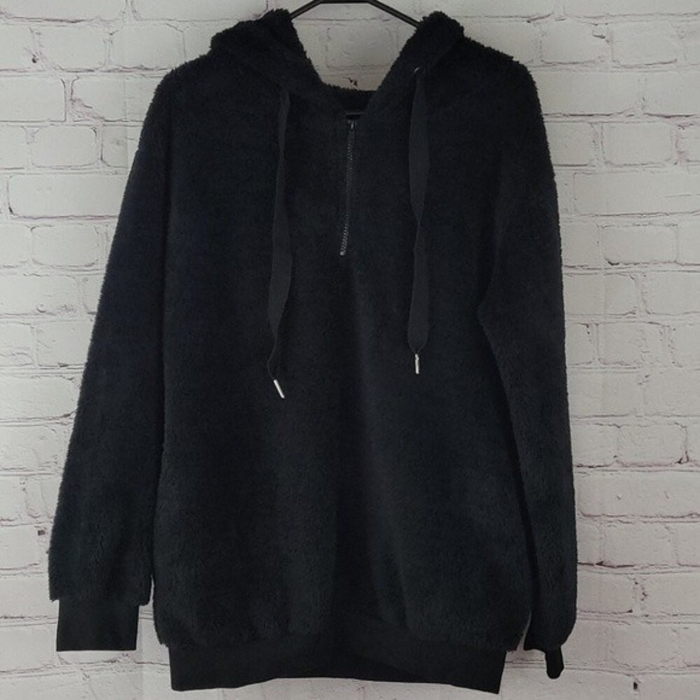 Black Fuzzy Fleece Half Zip Hoodie Size Large